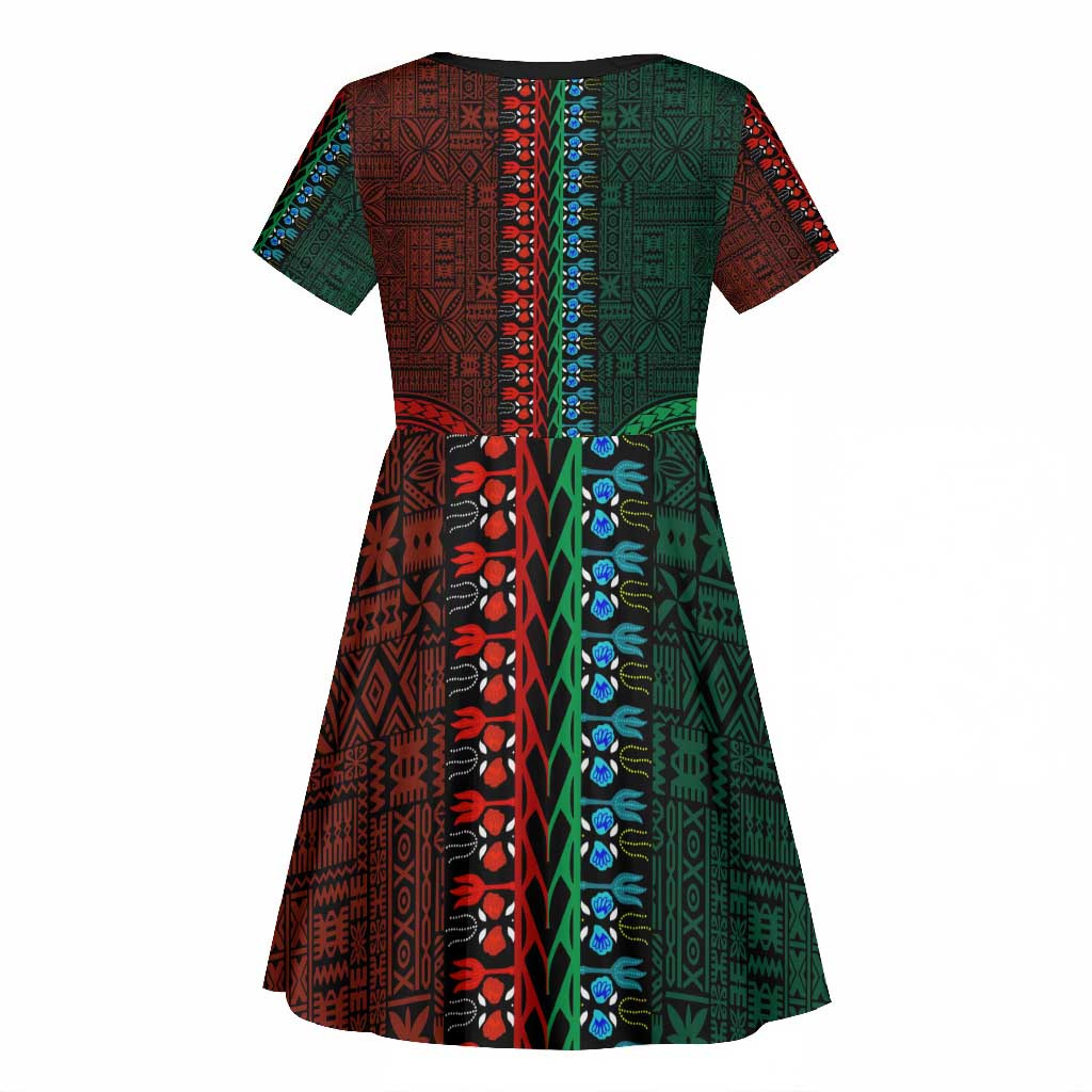 Green-red Dashiki and Tapa Pattern Kid Short Sleeve Dress Africa-Polynesia Together Culture