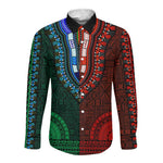 Green-red Dashiki and Tapa Pattern Long Sleeve Button Shirt Africa-Polynesia Together Culture