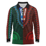 Green-red Dashiki and Tapa Pattern Long Sleeve Polo Shirt Africa-Polynesia Together Culture