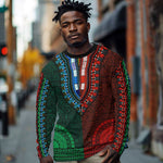 Green-red Dashiki and Tapa Pattern Long Sleeve Shirt Africa-Polynesia Together Culture