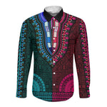 Teal-pink Dashiki and Tapa Pattern Long Sleeve Button Shirt Africa-Polynesia Together Culture