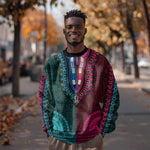 Teal-pink Dashiki and Tapa Pattern Sweatshirt Africa-Polynesia Together Culture