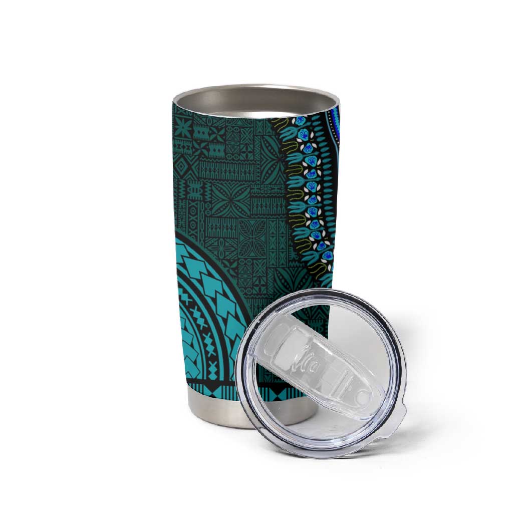 Teal-pink Dashiki and Tapa Pattern Tumbler Cup Africa-Polynesia Together Culture