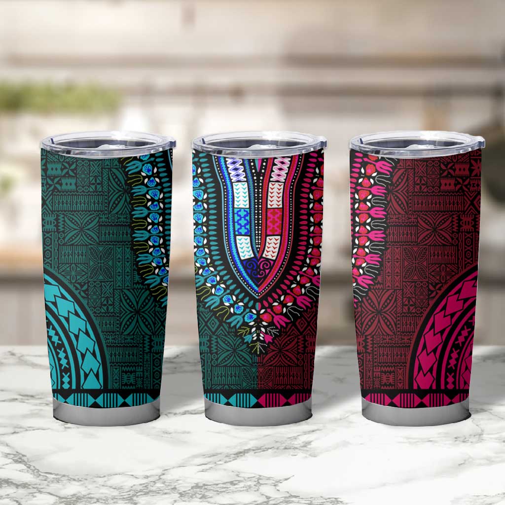 Teal-pink Dashiki and Tapa Pattern Tumbler Cup Africa-Polynesia Together Culture