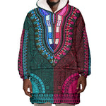 Teal-pink Dashiki and Tapa Pattern Wearable Blanket Hoodie Africa-Polynesia Together Culture