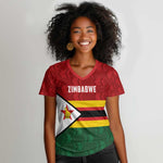Custom Africa Cricket Zimbabwe Women V-Neck T-Shirt Zimbabwean Pattern Flag Motif - African Pride