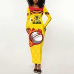 Custom Africa Cricket Uganda Long Sleeve Bodycon Dress Cranes Cricket Ball Fire - African Pride