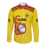 Custom Africa Cricket Uganda Long Sleeve Button Shirt Cranes Cricket Ball Fire - African Pride