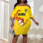 Custom Africa Cricket Uganda Off Shoulder Short Dress Cranes Cricket Ball Fire - African Pride