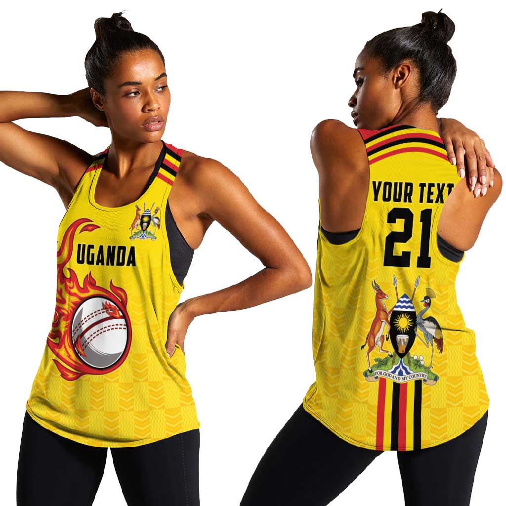 Custom Africa Cricket Uganda Women Racerback Tank Cranes Cricket Ball Fire - African Pride