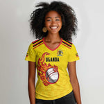 Custom Africa Cricket Uganda Women V-Neck T-Shirt Cranes Cricket Ball Fire - African Pride