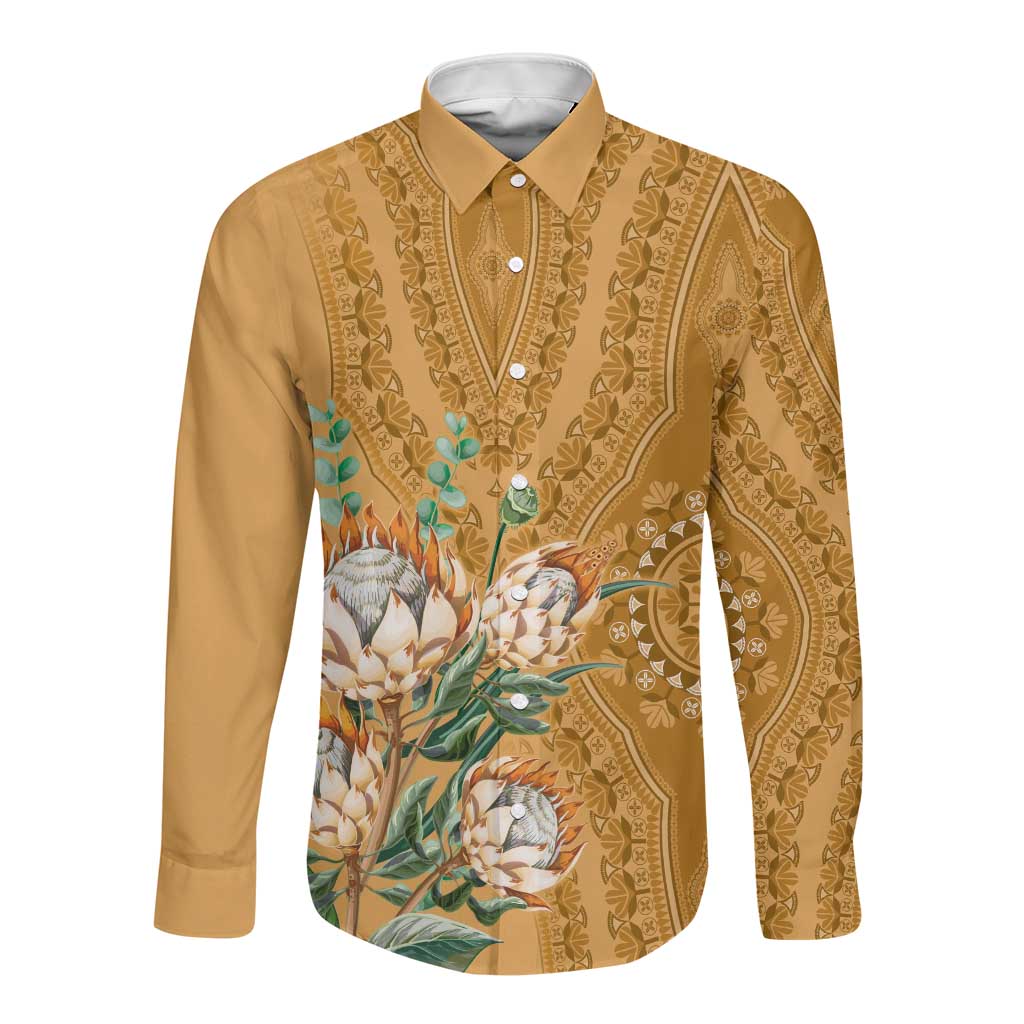 Afro King Proteas Dashiki Motif Long Sleeve Button Shirt Gold Style