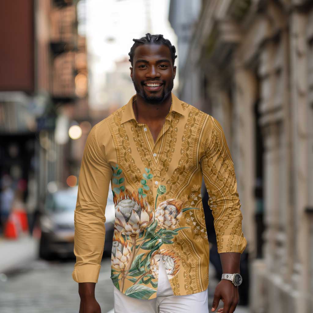 Afro King Proteas Dashiki Motif Long Sleeve Button Shirt Gold Style