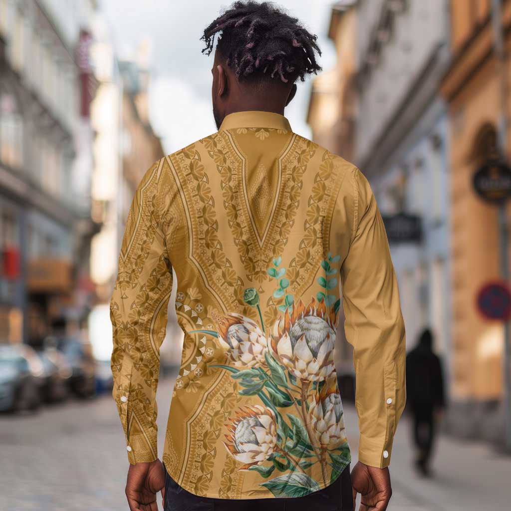 Afro King Proteas Dashiki Motif Long Sleeve Button Shirt Gold Style