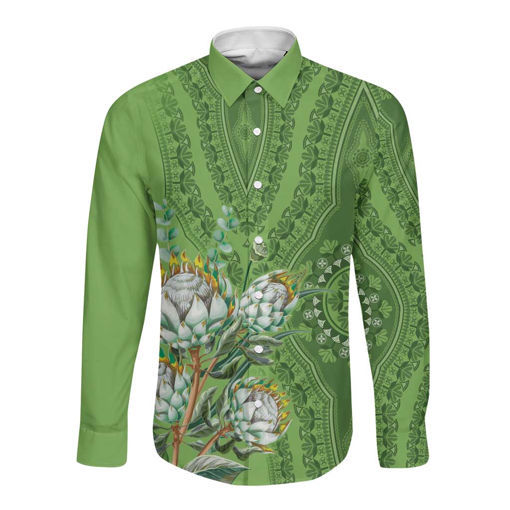 Afro King Proteas Dashiki Motif Long Sleeve Button Shirt Green Style