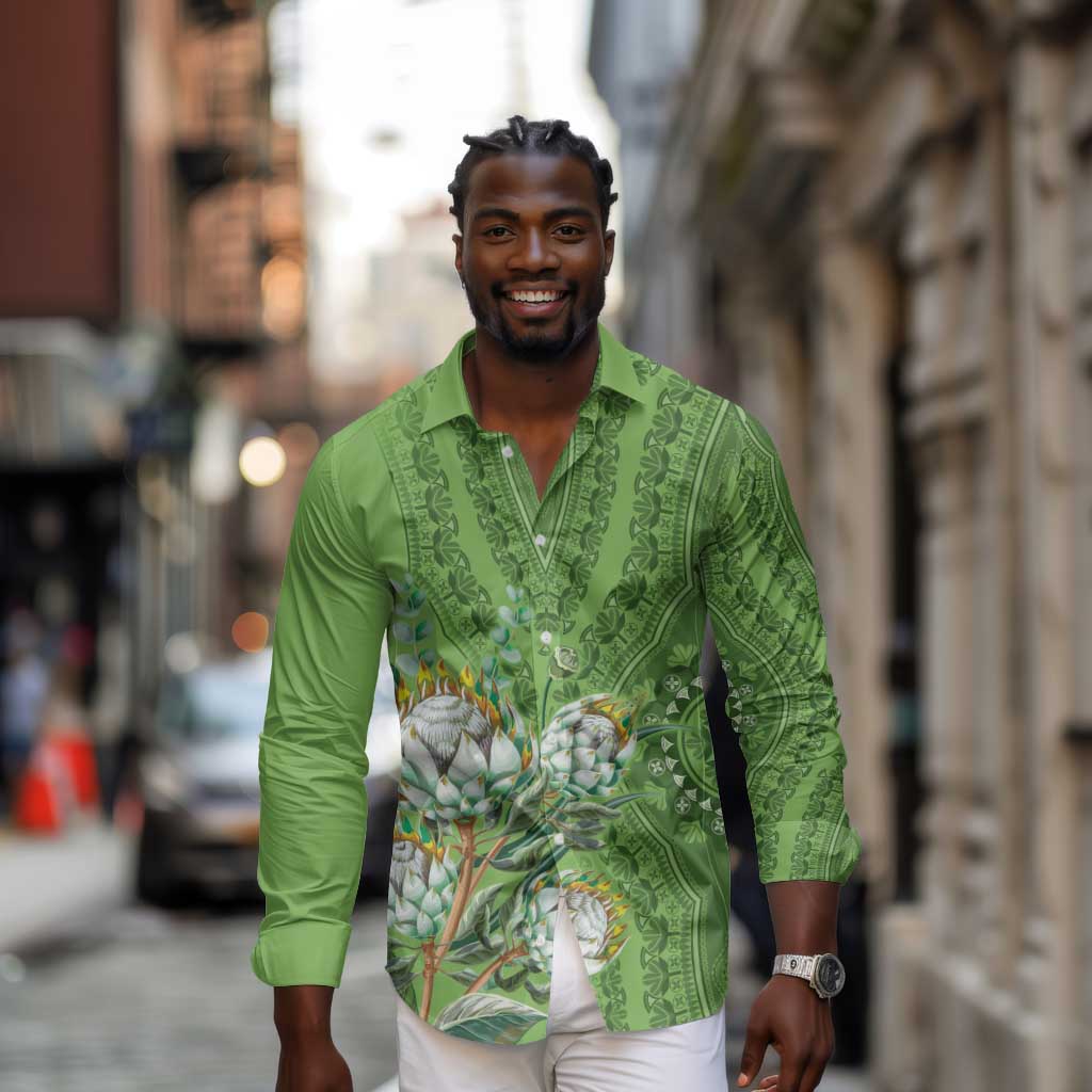 Afro King Proteas Dashiki Motif Long Sleeve Button Shirt Green Style