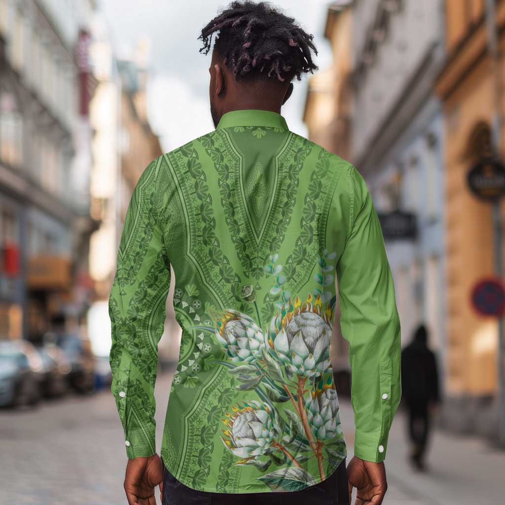 Afro King Proteas Dashiki Motif Long Sleeve Button Shirt Green Style