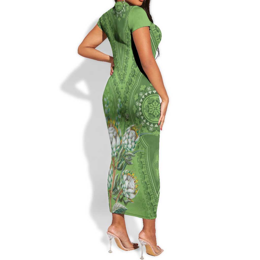 Afro King Proteas Dashiki Motif Short Sleeve Bodycon Dress Green Style LT9
