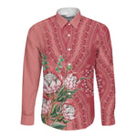 Afro King Proteas Dashiki Motif Long Sleeve Button Shirt Peach Style