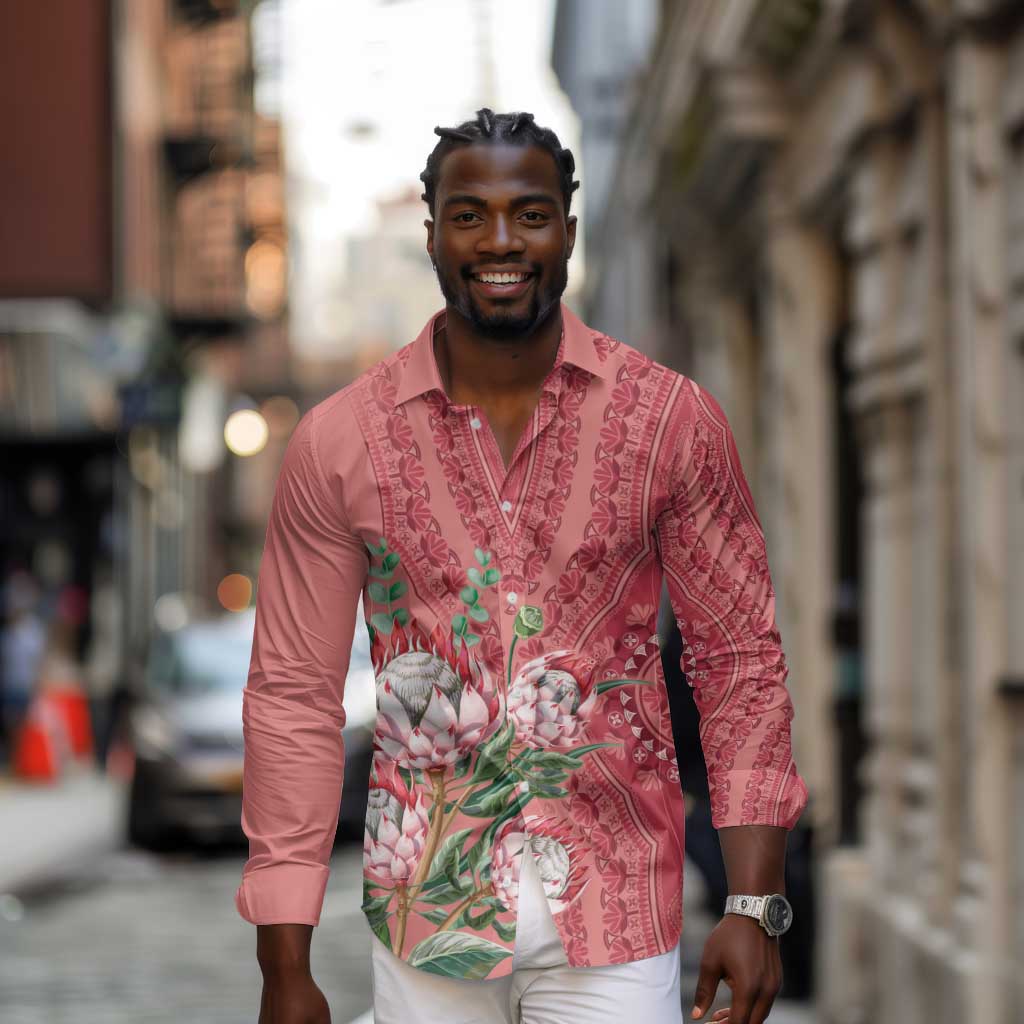 Afro King Proteas Dashiki Motif Long Sleeve Button Shirt Peach Style