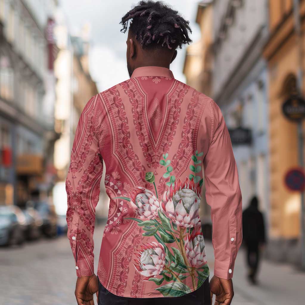 Afro King Proteas Dashiki Motif Long Sleeve Button Shirt Peach Style