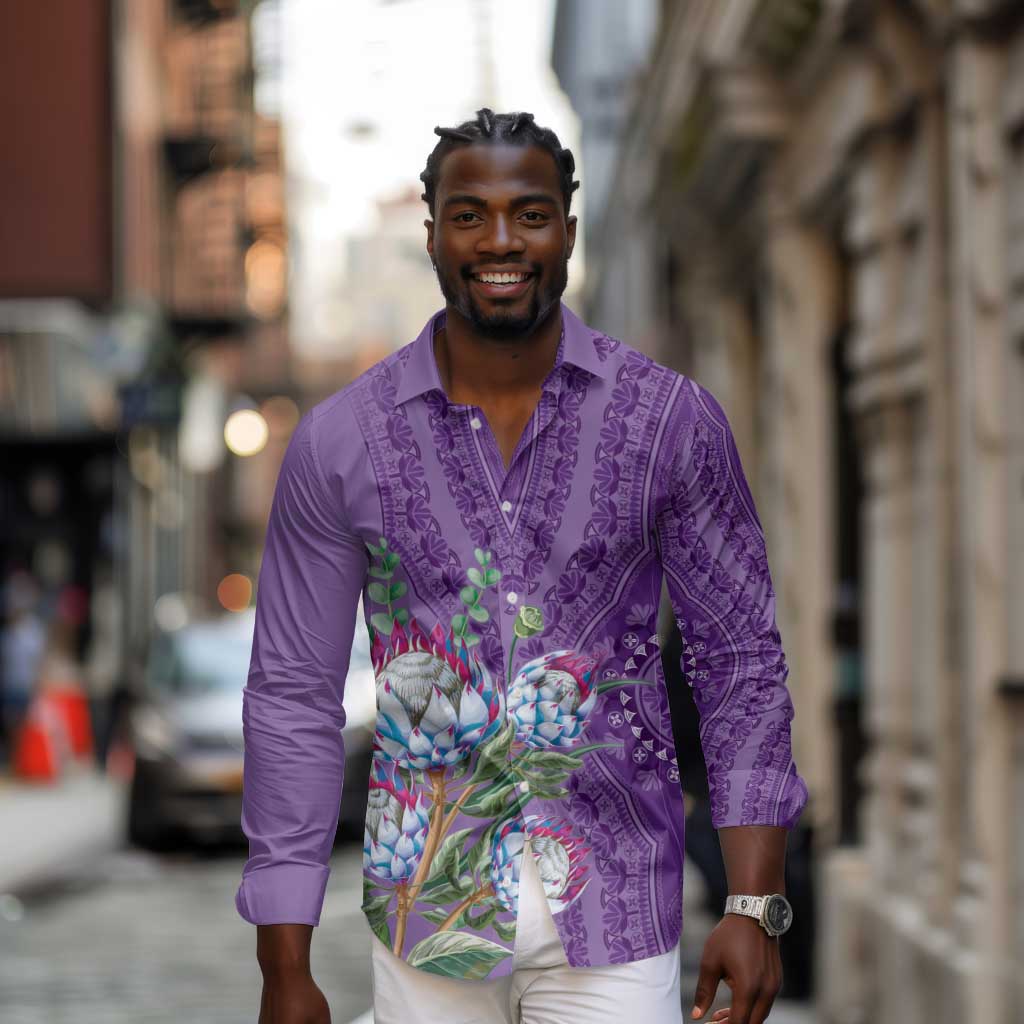 Afro King Proteas Dashiki Motif Long Sleeve Button Shirt Violet Style