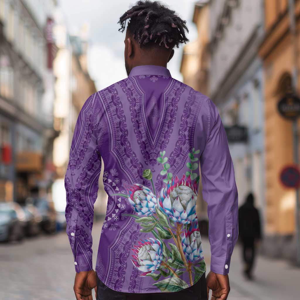 Afro King Proteas Dashiki Motif Long Sleeve Button Shirt Violet Style