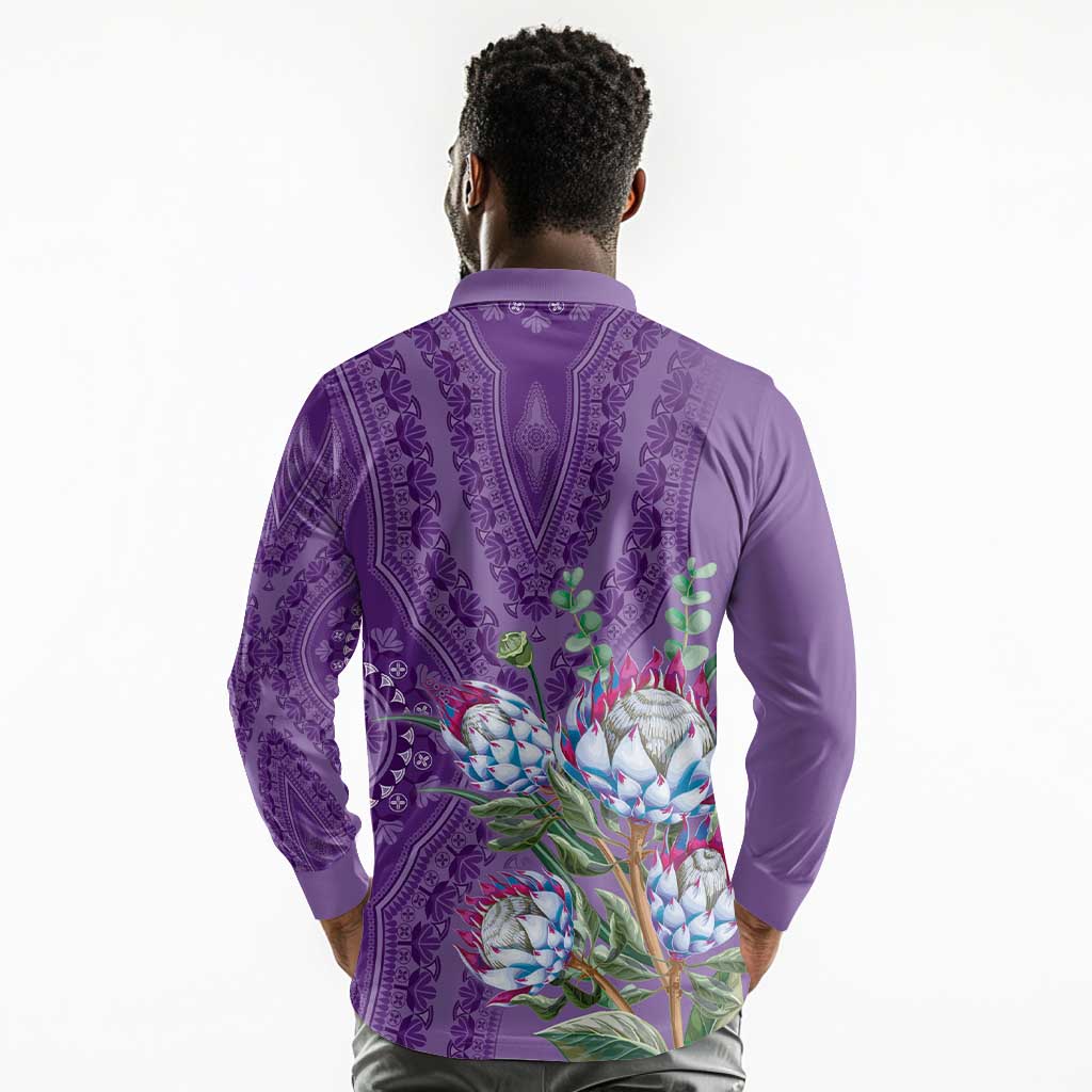 Afro King Proteas Dashiki Motif Long Sleeve Polo Shirt Violet Style