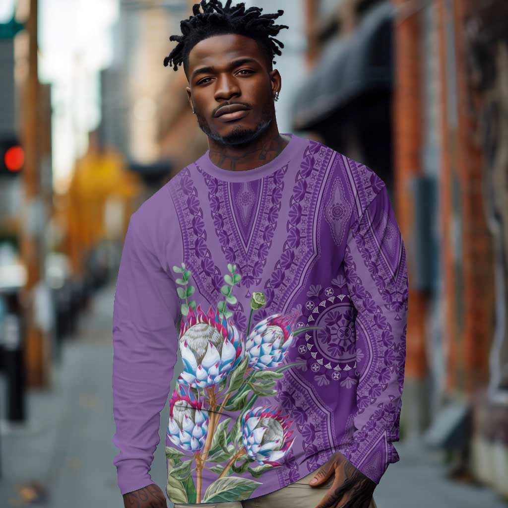 Afro King Proteas Dashiki Motif Long Sleeve Shirt Violet Style LT9