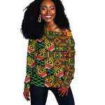 African Tribal Geometric Mixed Kanga Pattern Off Shoulder Sweater
