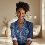 Afro Floral mix Maasai Shuka Women Casual Shirt Blue Moitf LT9
