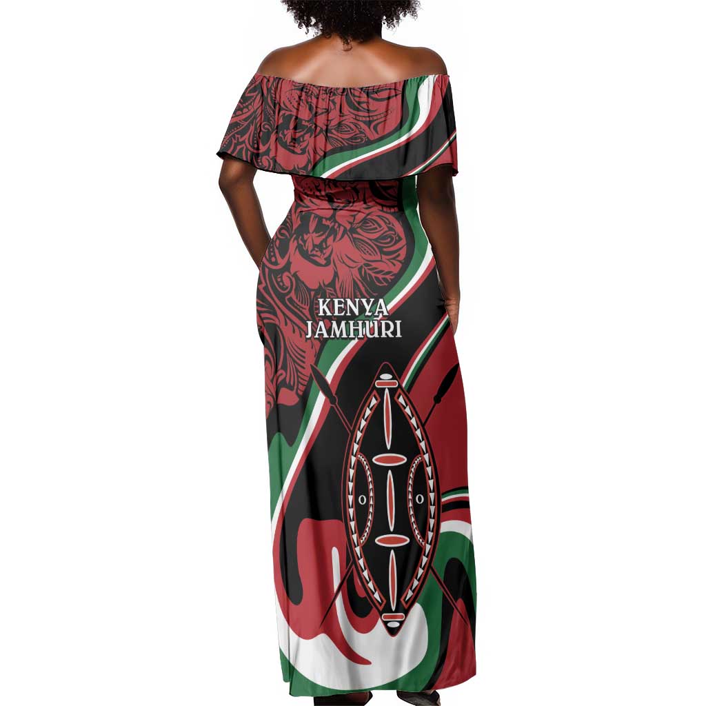 Happy Jamhuri Day Kenya Off Shoulder Maxi Dress Kenyan Lion and Maasai Shield