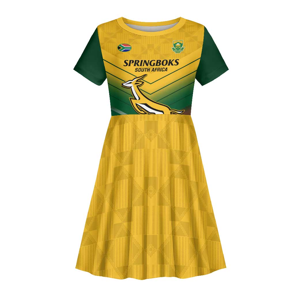 Custom South Africa Rugby Kid Short Sleeve Dress Springboks Go Champions African Pattern