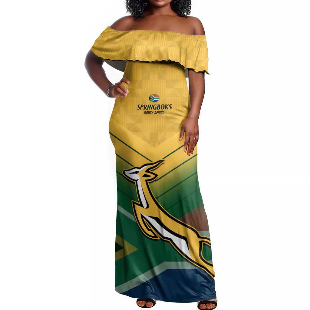 Custom South Africa Rugby Off Shoulder Maxi Dress Springboks Go Champions African Pattern