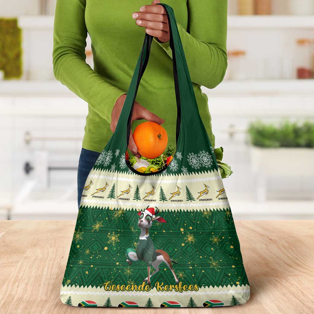 Custom South Africa Rugby Christmas Grocery Bag Geseende Kersfees Springboks African Pattern