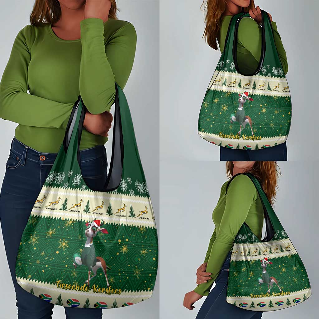 Custom South Africa Rugby Christmas Grocery Bag Geseende Kersfees Springboks African Pattern