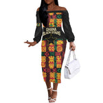 Custom Ghana Black Stars Off The Shoulder Long Sleeve Dress Adinkra Pattern - Football Style