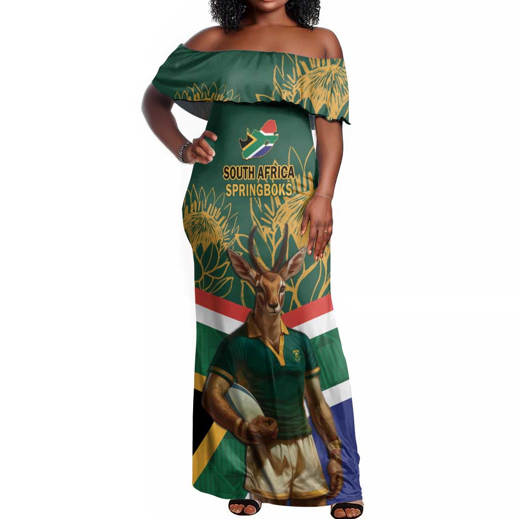Custom South Africa Rugby Off Shoulder Maxi Dress 2024 Go Springboks Mascot African Pattern