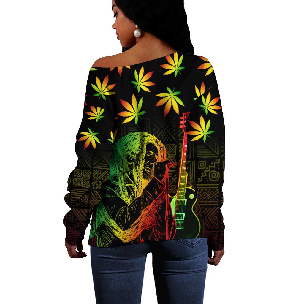 Afro Jamaica Legend Bob Day Off Shoulder Sweater One Love Jamaican Reggae African Pattern