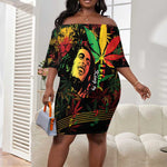 King Of Reggae Legend Bob Off Shoulder Short Dress Rasta Cannabis - African Pride