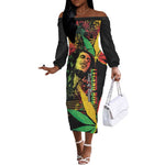 King Of Reggae Legend Bob Off The Shoulder Long Sleeve Dress Rasta Cannabis - African Pride
