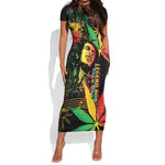 King Of Reggae Legend Bob Short Sleeve Bodycon Dress Rasta Cannabis - African Pride