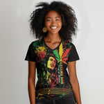 King Of Reggae Legend Bob Women V-Neck T-Shirt Rasta Cannabis - African Pride