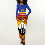 Personalised Eswatini Independence Day Long Sleeve Bodycon Dress Swaziland Nguni Shield Gradient African Pattern LT14