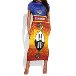 Personalised Eswatini Independence Day Short Sleeve Bodycon Dress Swaziland Nguni Shield Gradient African Pattern LT14