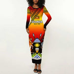 Personalised Uganda Independence Day Long Sleeve Bodycon Dress Jamhuri ya Uganda Coat Of Arms LT14