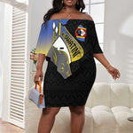 Afro Swaziland Somhlolo Day Off Shoulder Short Dress Nguni Shield African Pattern - African Pride