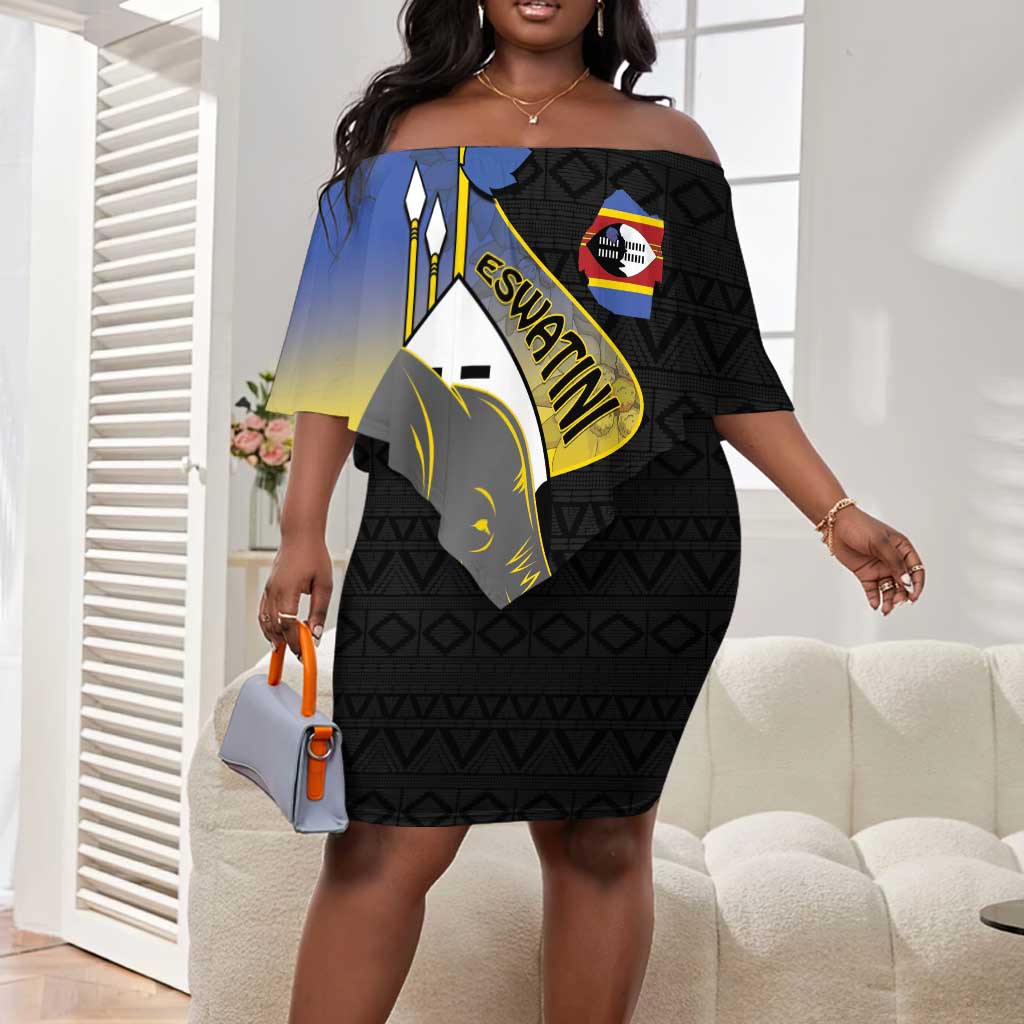 Afro Swaziland Somhlolo Day Off Shoulder Short Dress Nguni Shield African Pattern - African Pride