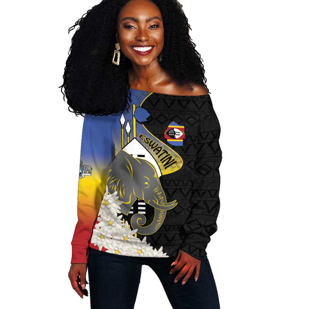 Afro Swaziland Somhlolo Day Off Shoulder Sweater Nguni Shield African Pattern - African Pride