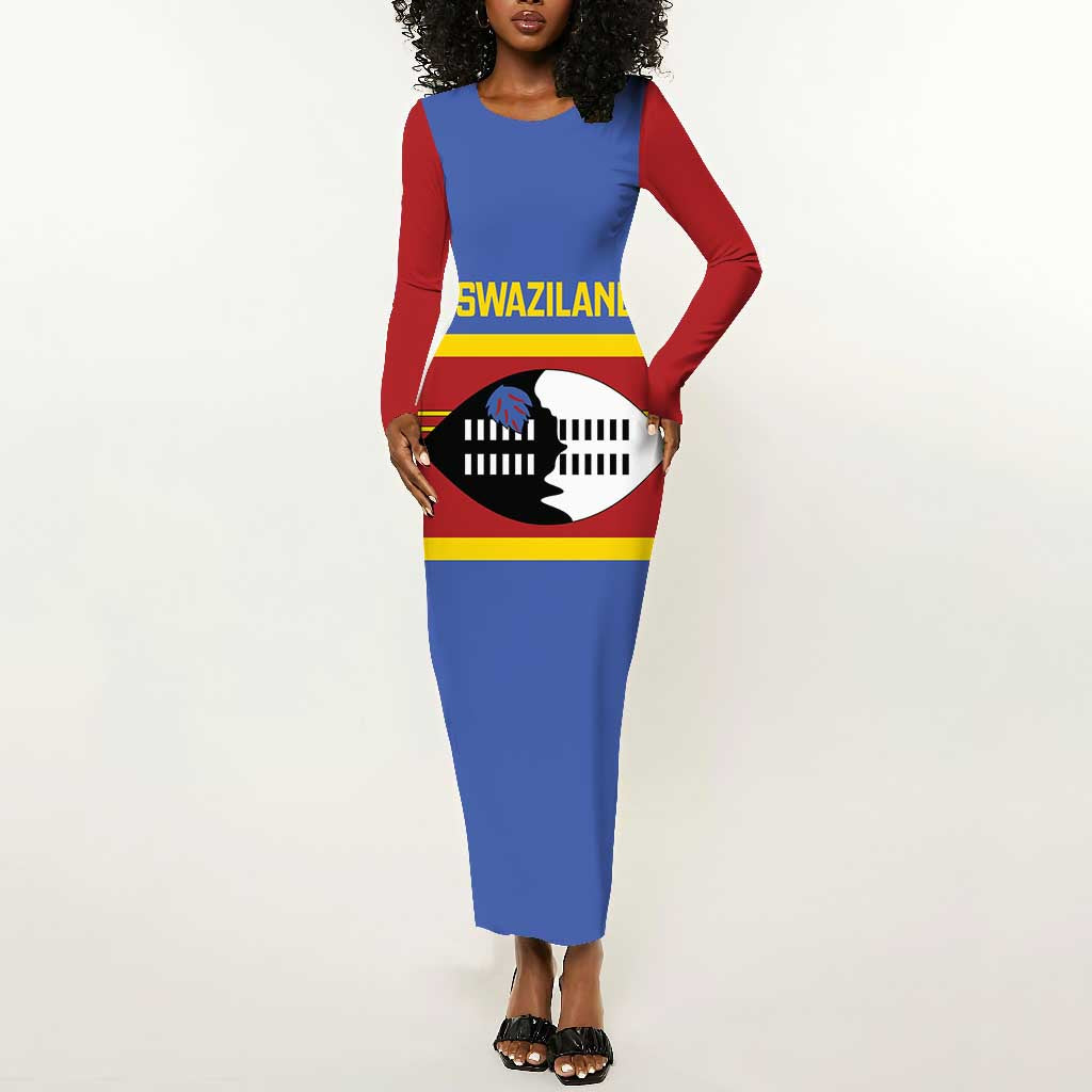 Afro Swaziland Long Sleeve Bodycon Dress Siyinqaba Eswatini Flag Style - African Pride